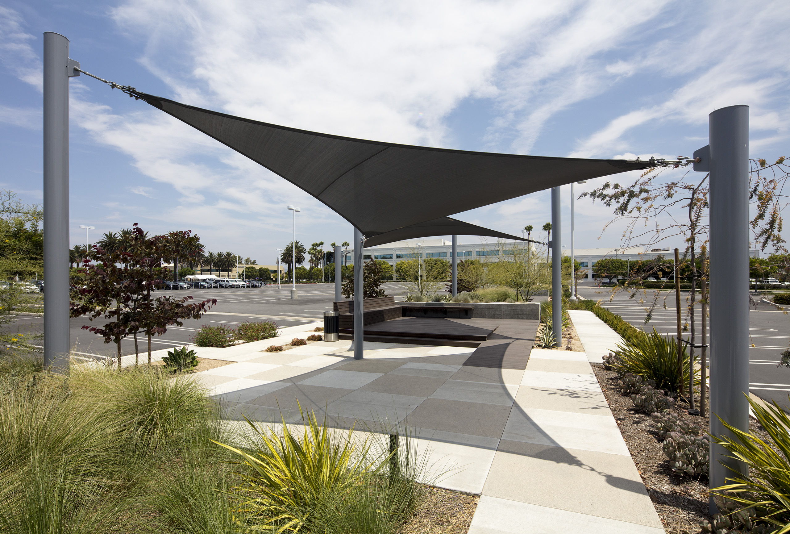 Commercial sail structure covering seating area at the Pacific Center in San Diego