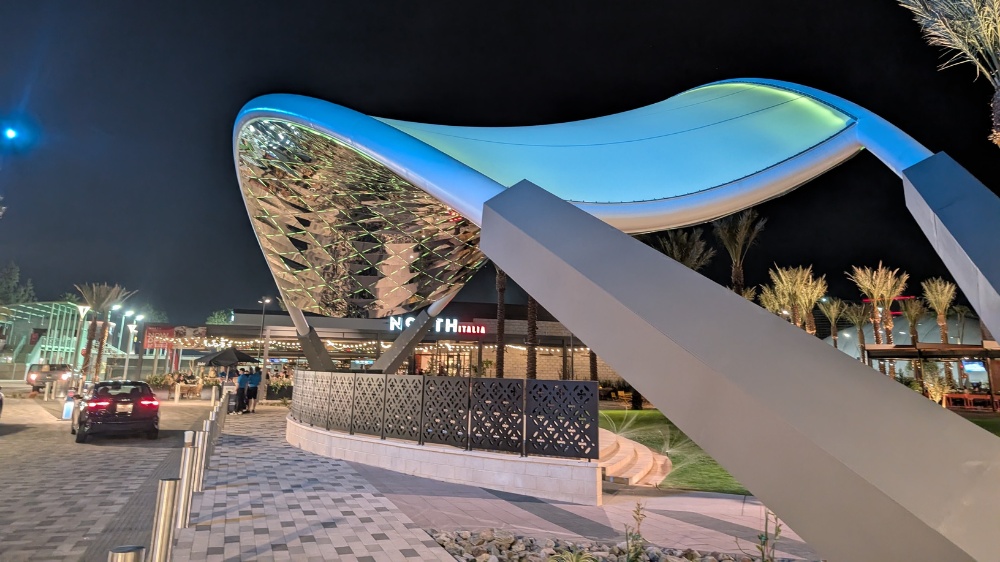 Novus Place in Tempe, AZ, night time, illuminated shade structure