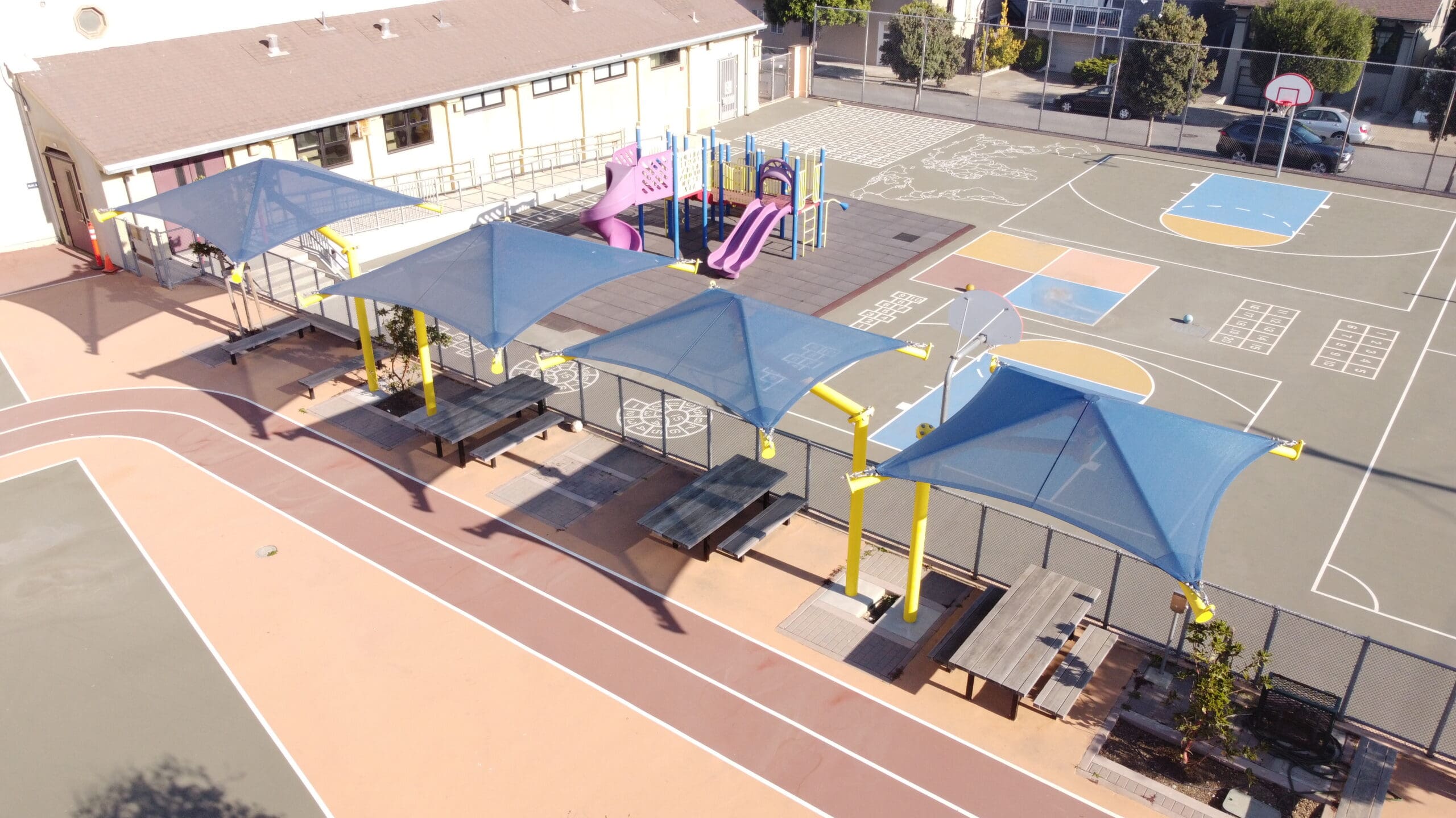 Sun shade structures for school picnic area at Guadalupe Elementary School
