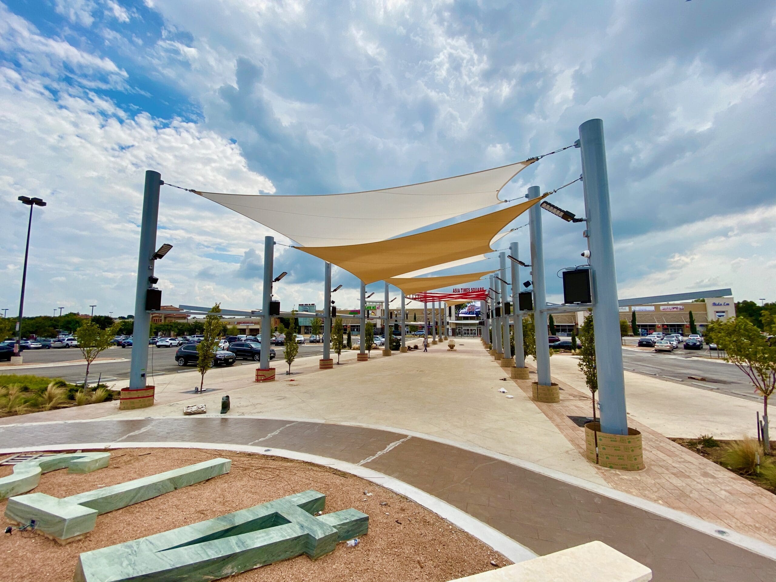 Commercial sail shade structure in Asia Times Square in TX