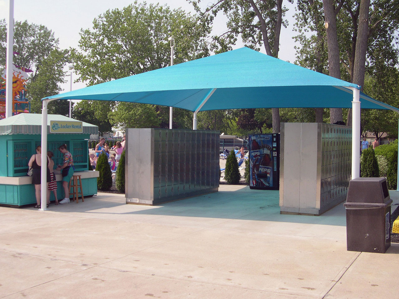 Commercial fabric shade structure covering lockers at Cedar Point Amusement Park
