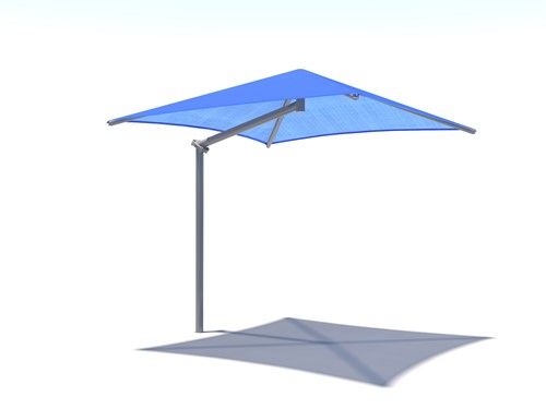 Single post pyramid cantilever shade structure for many uses, including pools, parks, and commercial venues