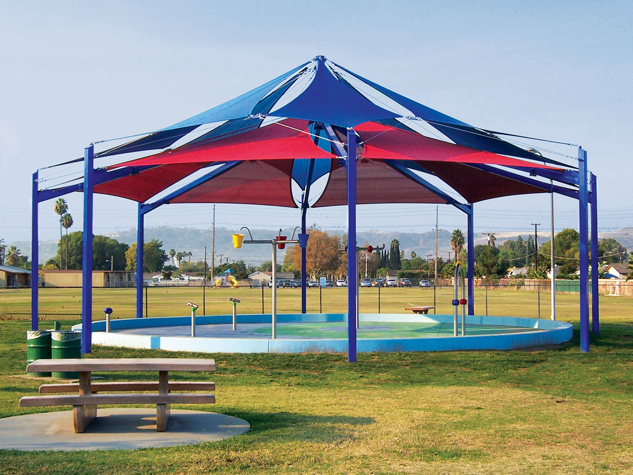 Red and Blue shade structure at splash pad area